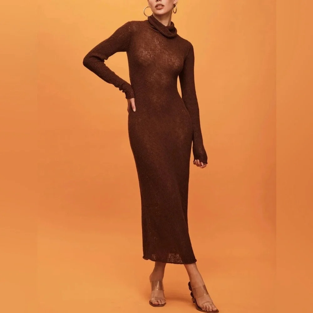 NWT Savannah Morrow Gigi Knit Midi Dress Full Sleeve in Cocoa Brown Turtleneck M